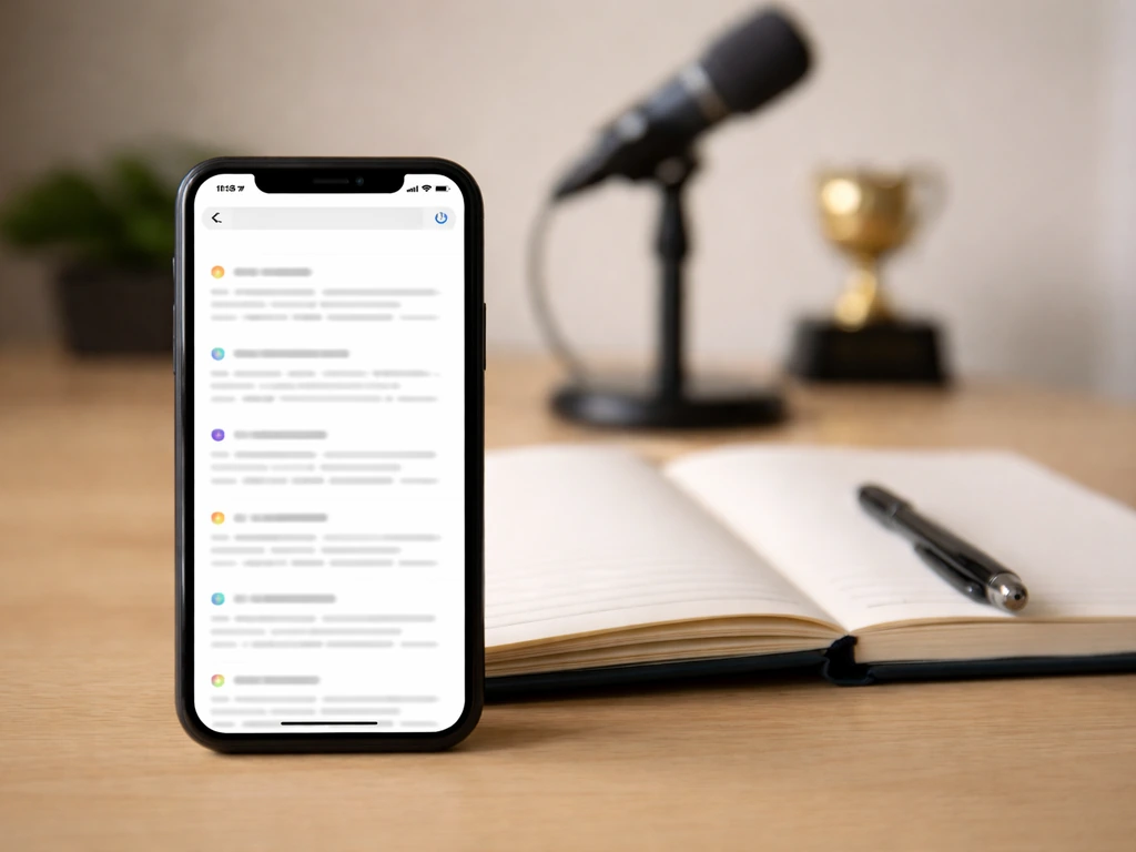 Smartphone on a desk with blurred search results, notebook and pen, suggesting verifying the right person.