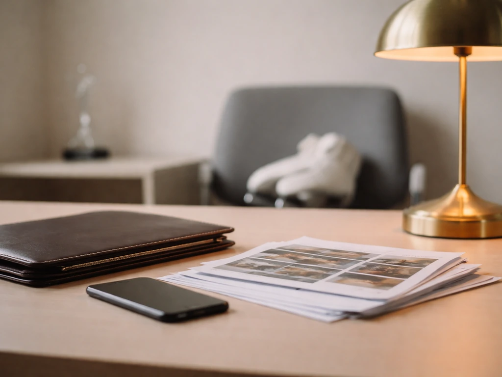 Minimal desk scene with portfolio, unlabeled property sheets, and coaching/athlete props symbolizing estimate logic.