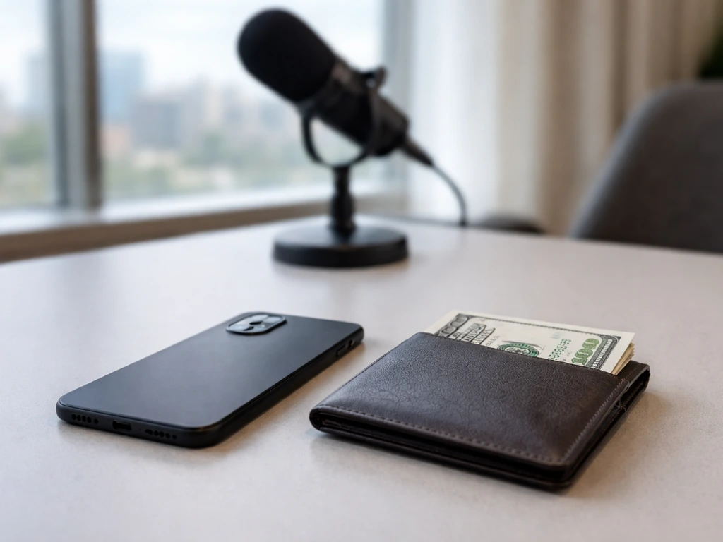 Minimal desk scene with wallet and banknote beside a phone, with a blurred skyline and studio microphone.