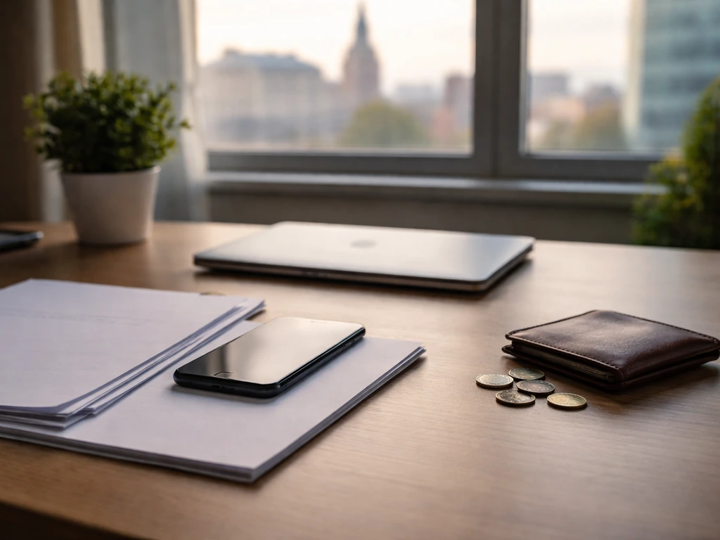 Minimal business setting with a laptop, documents, and a subtle money-focused atmosphere in a Romanian office