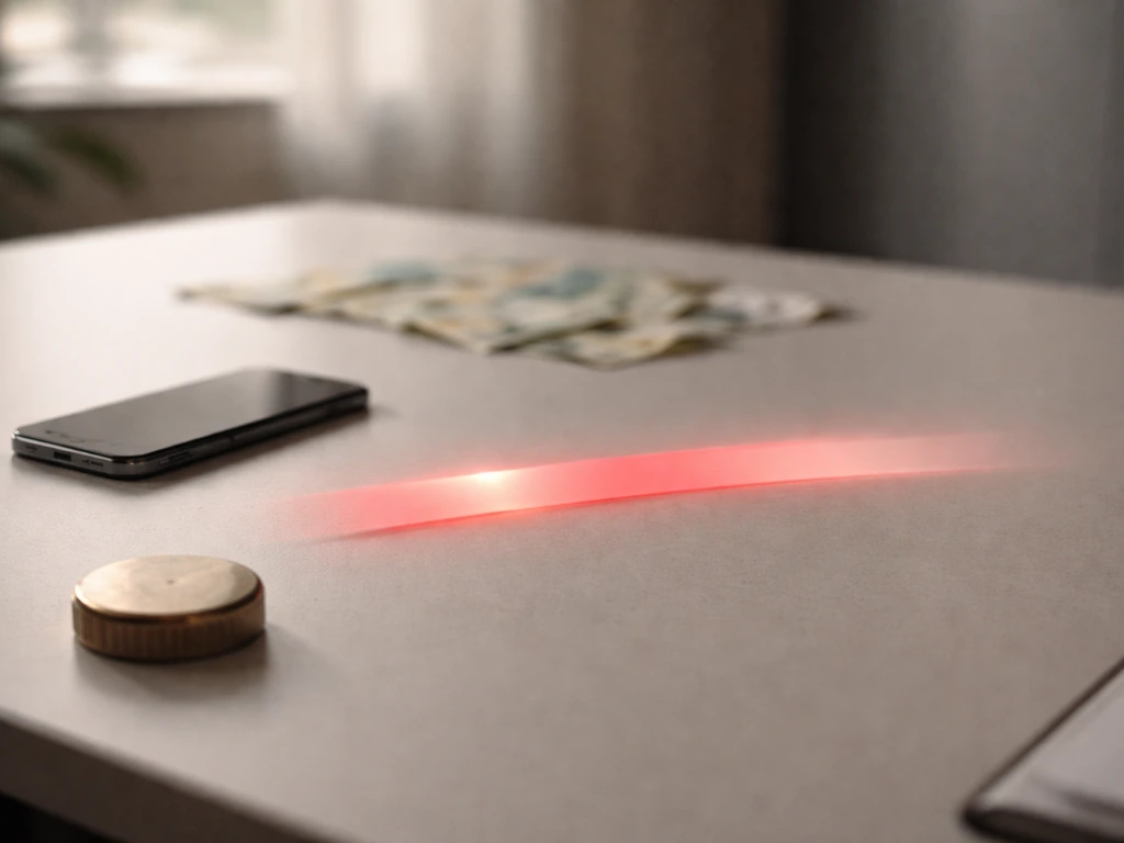 Minimal luxury office desk with euro notes and a highlighted ribbon-like element suggesting a best estimate.