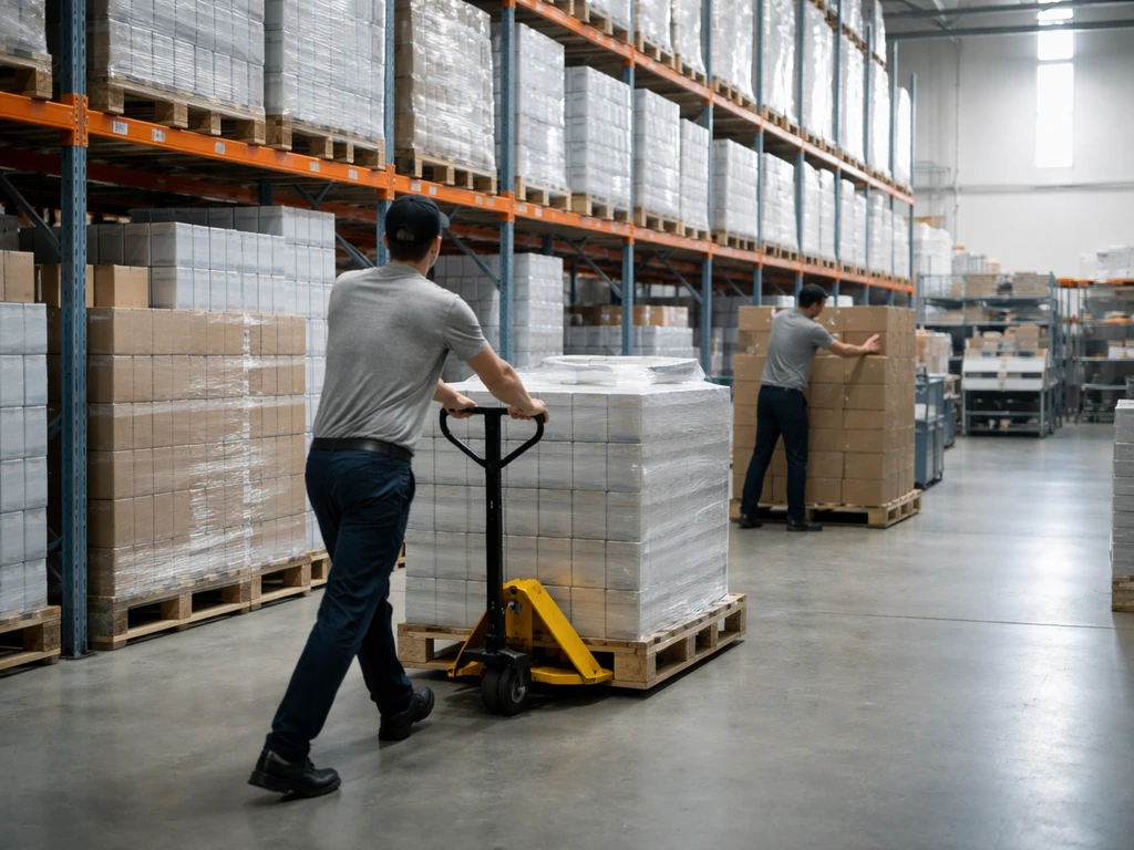 Pharmaceutical warehouse with labeled pallets and workers picking orders in a minimal logistics setting