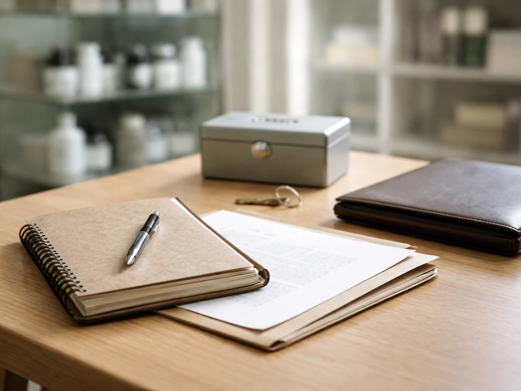 Minimal staged photo: translator notebook, business documents, and a keyring beside a cash box symbolizing career growth