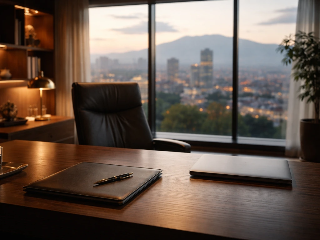 Sleek Sofia office interior with warm light, a business desk, and a blurred city skyline symbolizing wealth