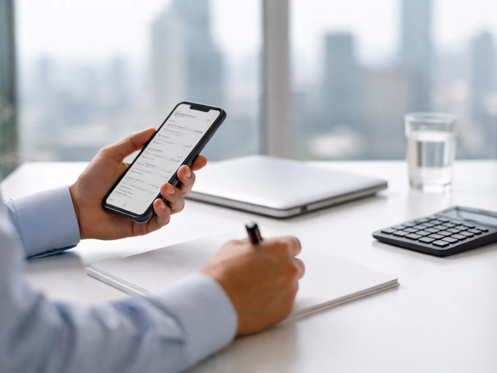 Anonymous analyst’s hands in a modern office desk setup with business finance items and a blurred phone screen.