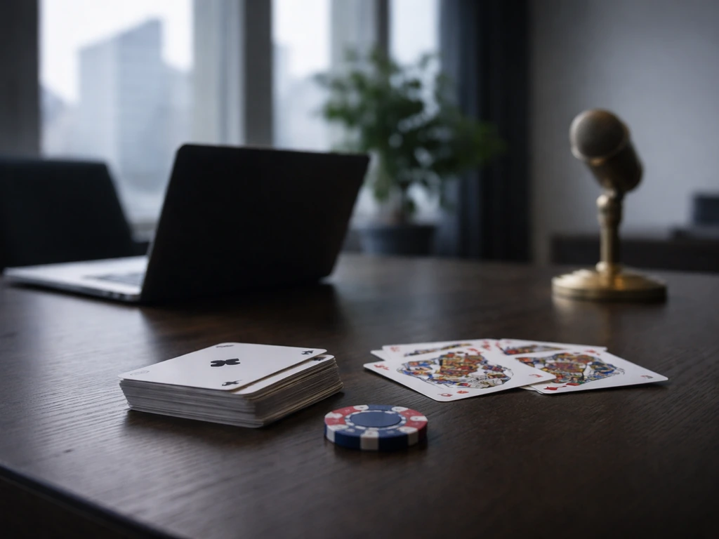 Minimal desk scene with poker cards and chip, laptop turned away, Nordic office light for Estonia theme.