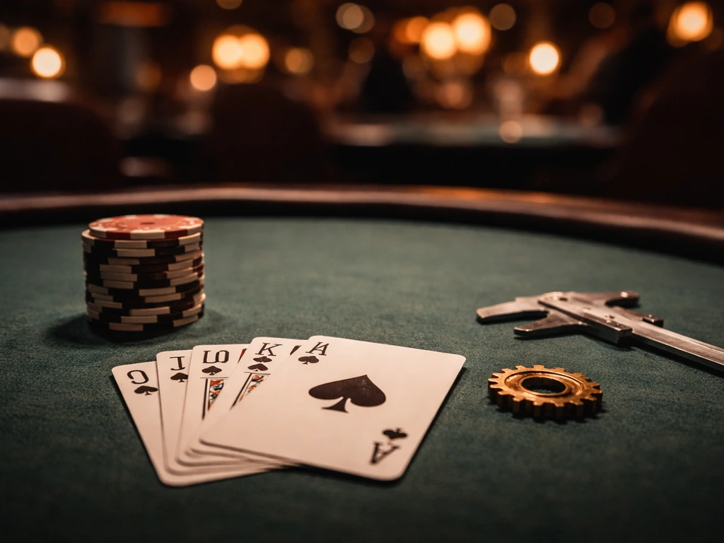 Poker table with chips and cards, plus a small brass gear and metal tool, no identifiable person