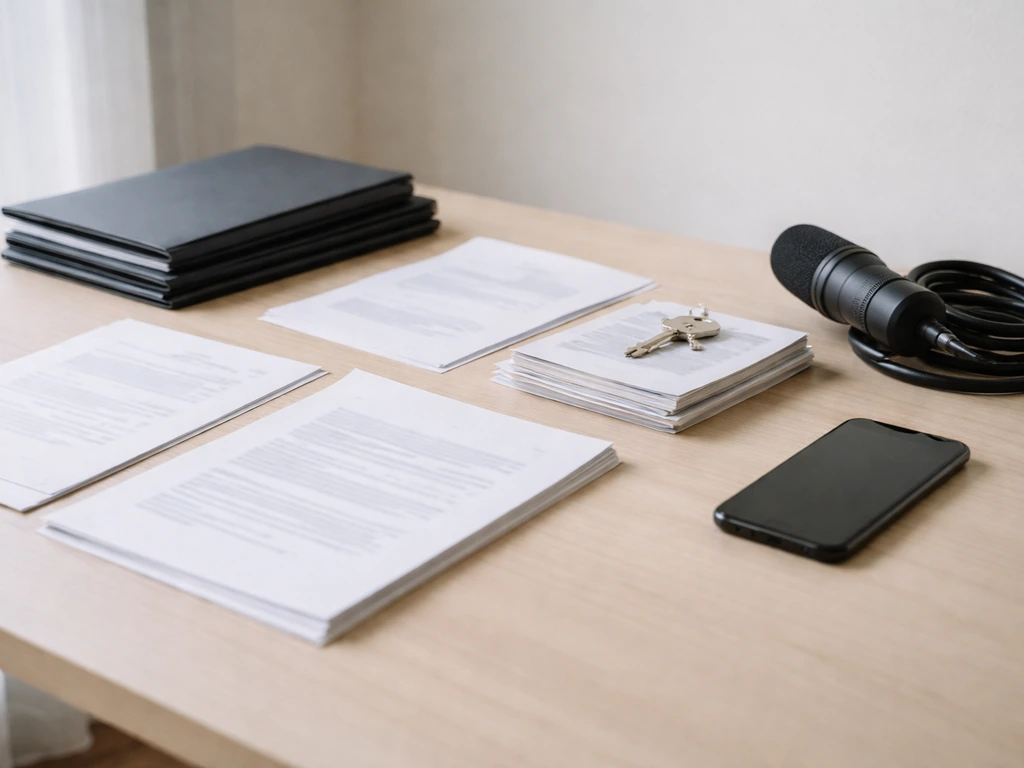 Desk with blurred corporate, property, and media documents plus a microphone, suggesting net-worth estimation inputs.