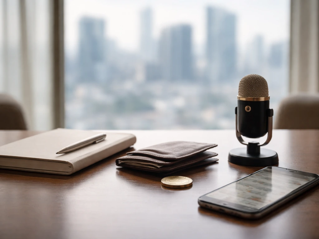Minimal finance workspace with gold coin, wallet, and blurred phone numbers—symbolic net-worth analysis scene.