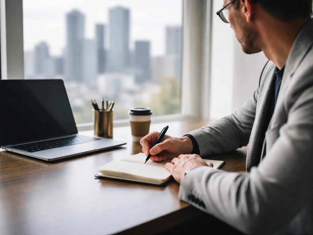 Anonymous venture capital investor in a minimalist office with city view and coffee by the desk