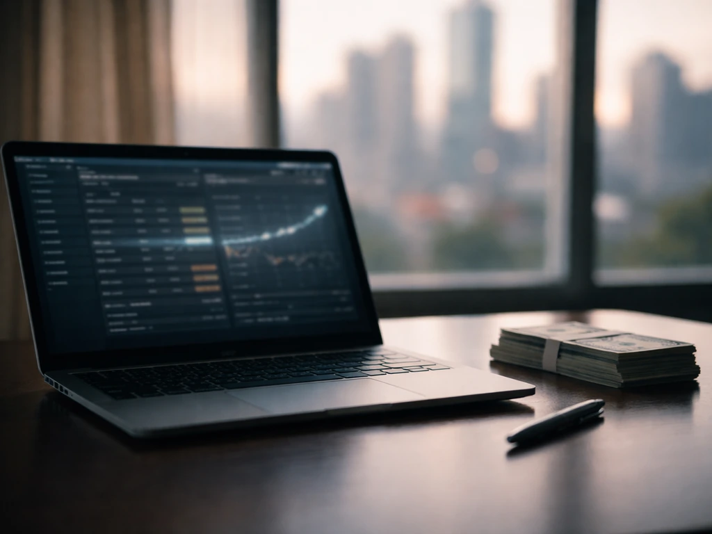 Anonymous desk scene with finance terminal glow and scattered cash symbolizing an estimated net worth.