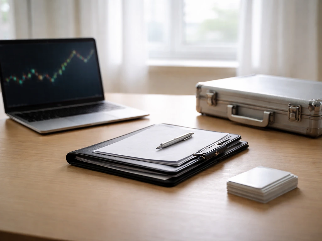 Minimal photo-style scene showing investment assets: stock screen glow, portfolio folder, and briefcase in office light.