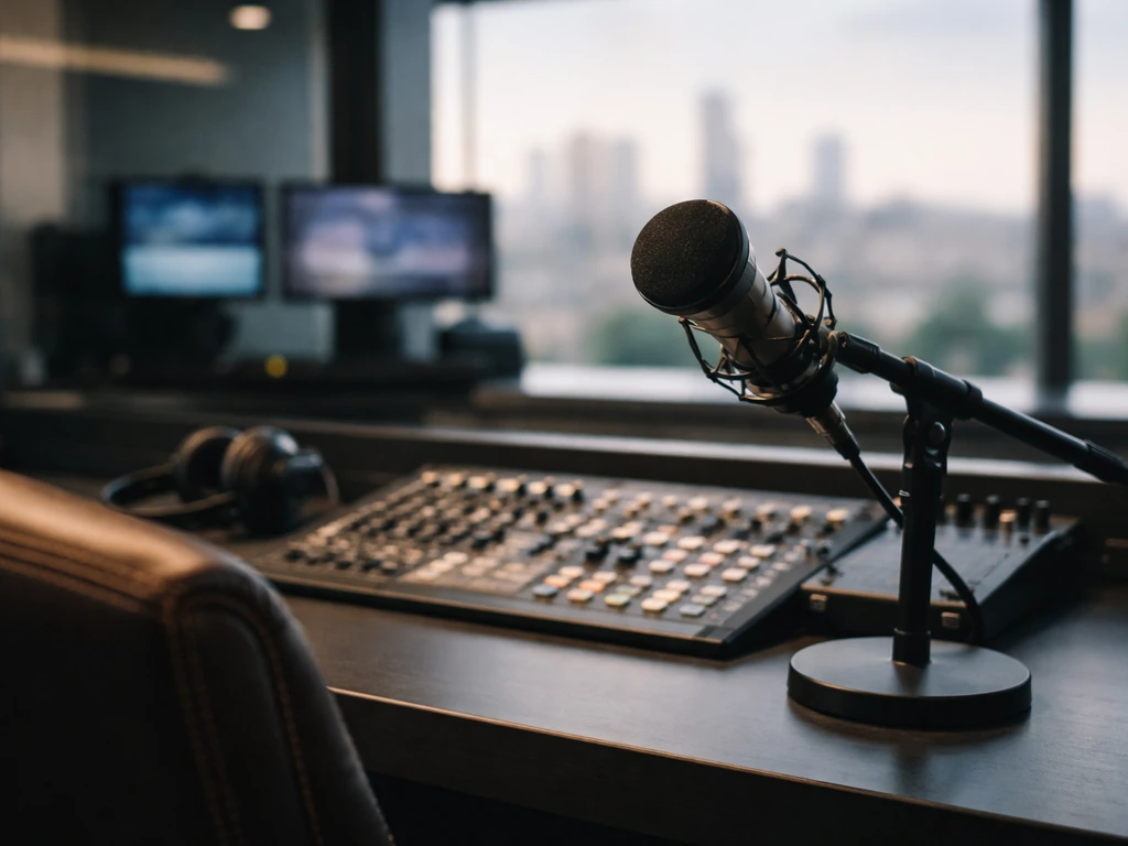 Empty Russian broadcast studio desk with microphone, blurred skyline, and subtle wealth cues.