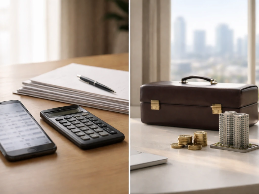 Minimal split-screen photo showing income vs assets—desk items and a briefcase beside a city skyline view.