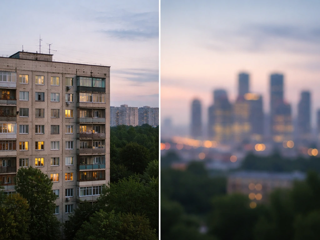 Split-scene photo: Moscow apartment building exterior vs a generic, blurred distant cityscape symbolizing unverified ass