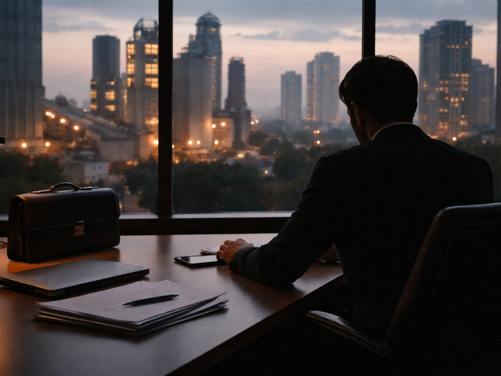 Anonymous office desk scene with industrial city view symbolizing cement business wealth and financial analysis
