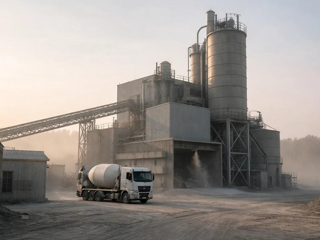 Cement factory in a muted industrial setting with a single delivery truck, symbolizing Russian cement wealth