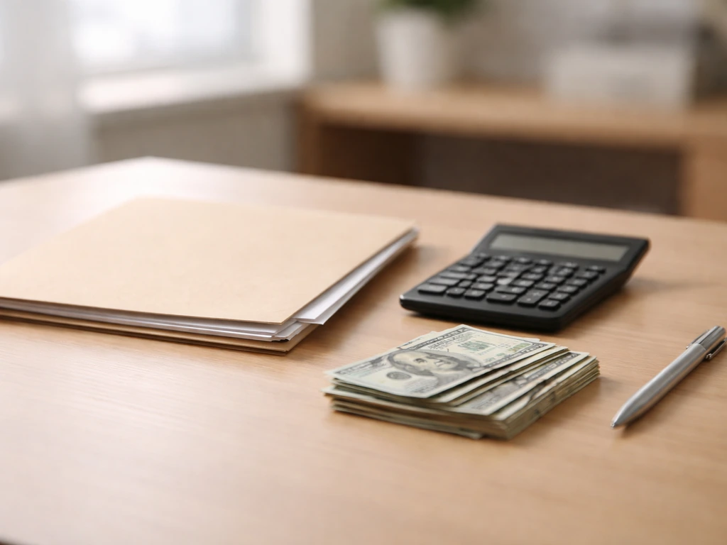 Minimal desk scene with cash, a calculator, and a blurred financial document suggesting an asset valuation.