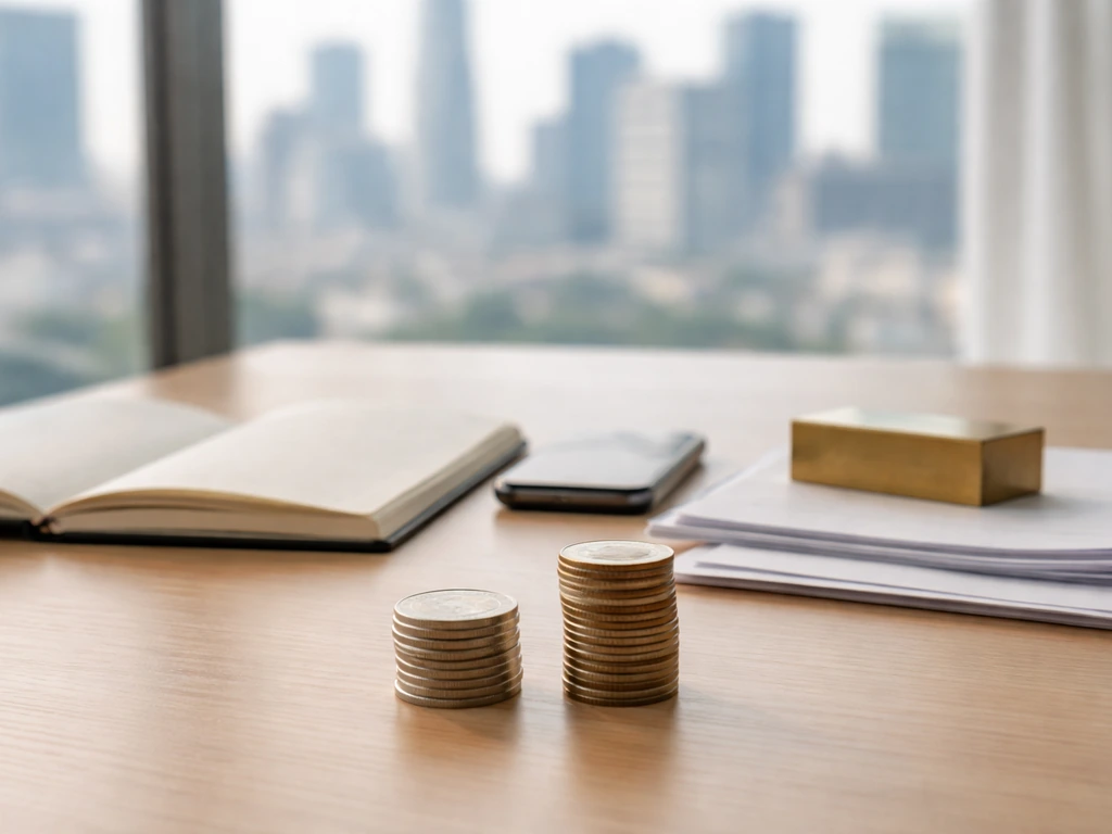 Minimal office desk scene with documents and coin stacks symbolizing known vs speculation.