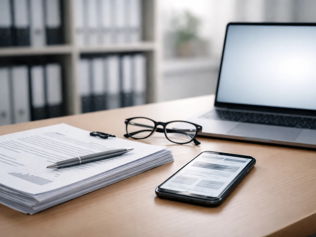 Desk scene with documents, smartphone, and laptop representing a regulator filing verification workflow.