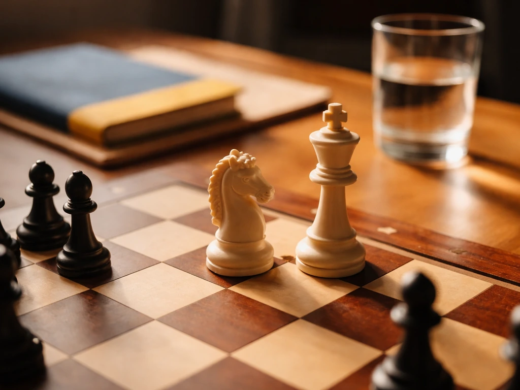 Minimal chessboard scene with a knight and king pieces suggesting a grandmaster context