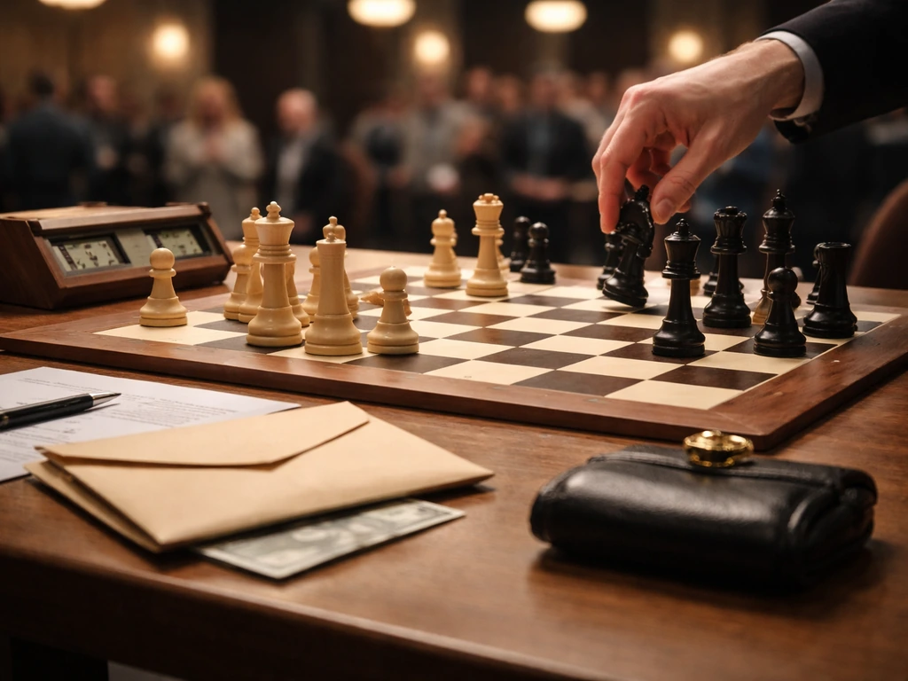 Close-up of a chessboard at a tournament hall with coins and an envelope suggesting prize money