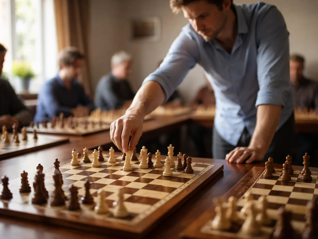 Anonymous chess coach conducts a simultaneous exhibition with several boards and students in view.