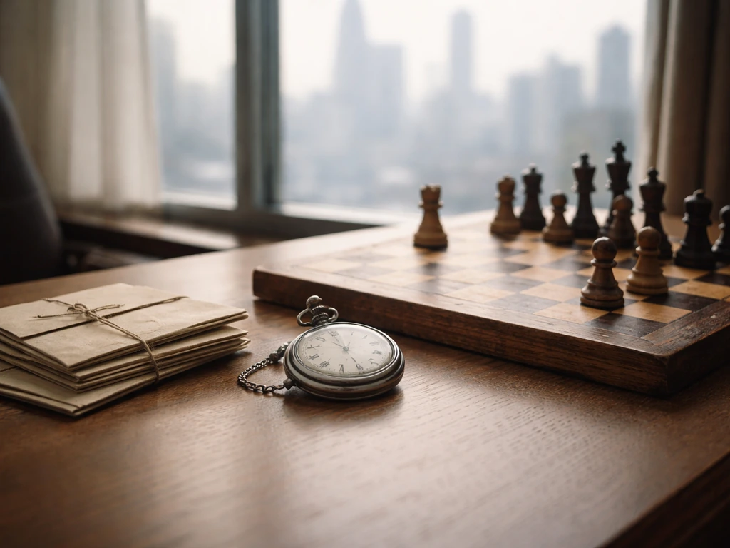 Close-up of a chessboard, pocket watch, and envelopes on a desk by a window, symbolizing long-term wealth.