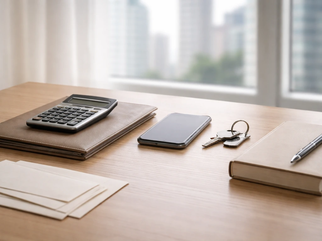 Minimal office desk still life with calculator, keys, folder, and book symbolizing business equity and assets.