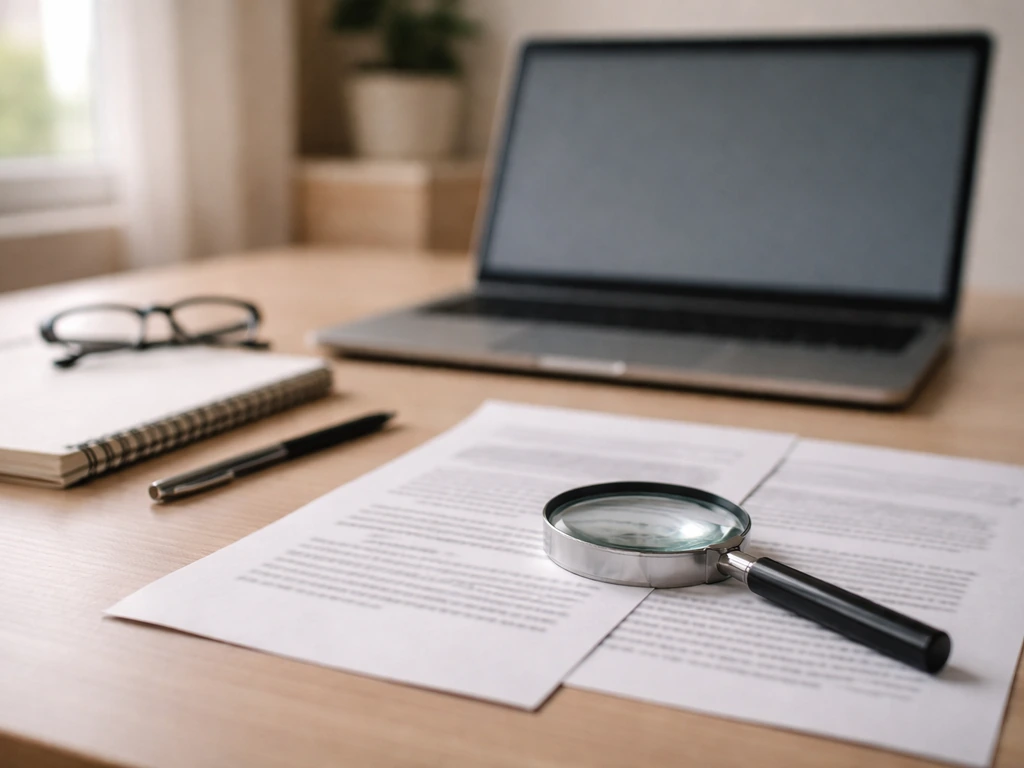 Magnifying glass over blurred printed pages on a simple desk, suggesting verifying sources and credibility.