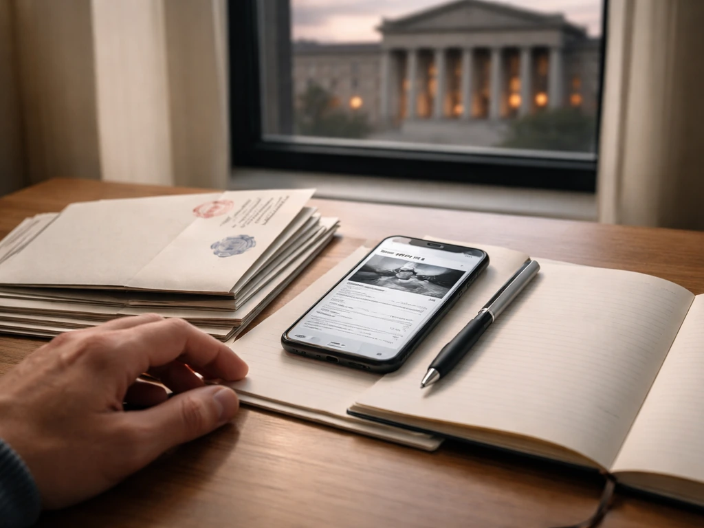 Minimal desk scene with a notebook, smartphone, and press-style documents suggesting checking a legal finance update.
