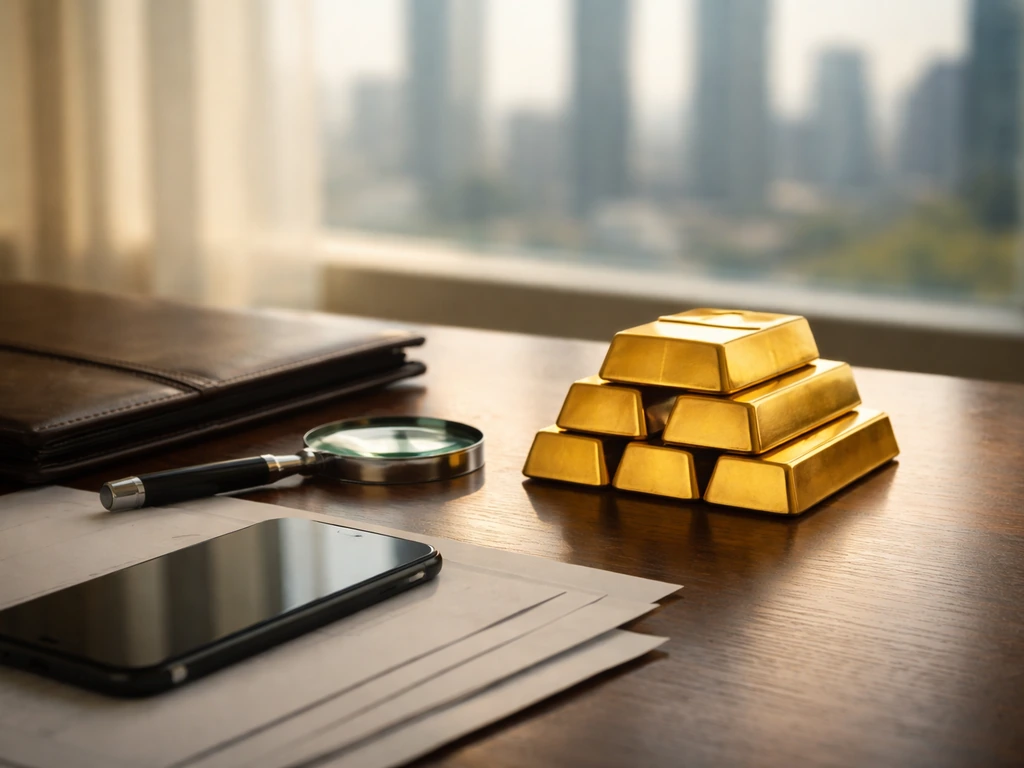 Gold bars and a magnifying glass on a minimal desk, symbolizing investing and verifying asset value.