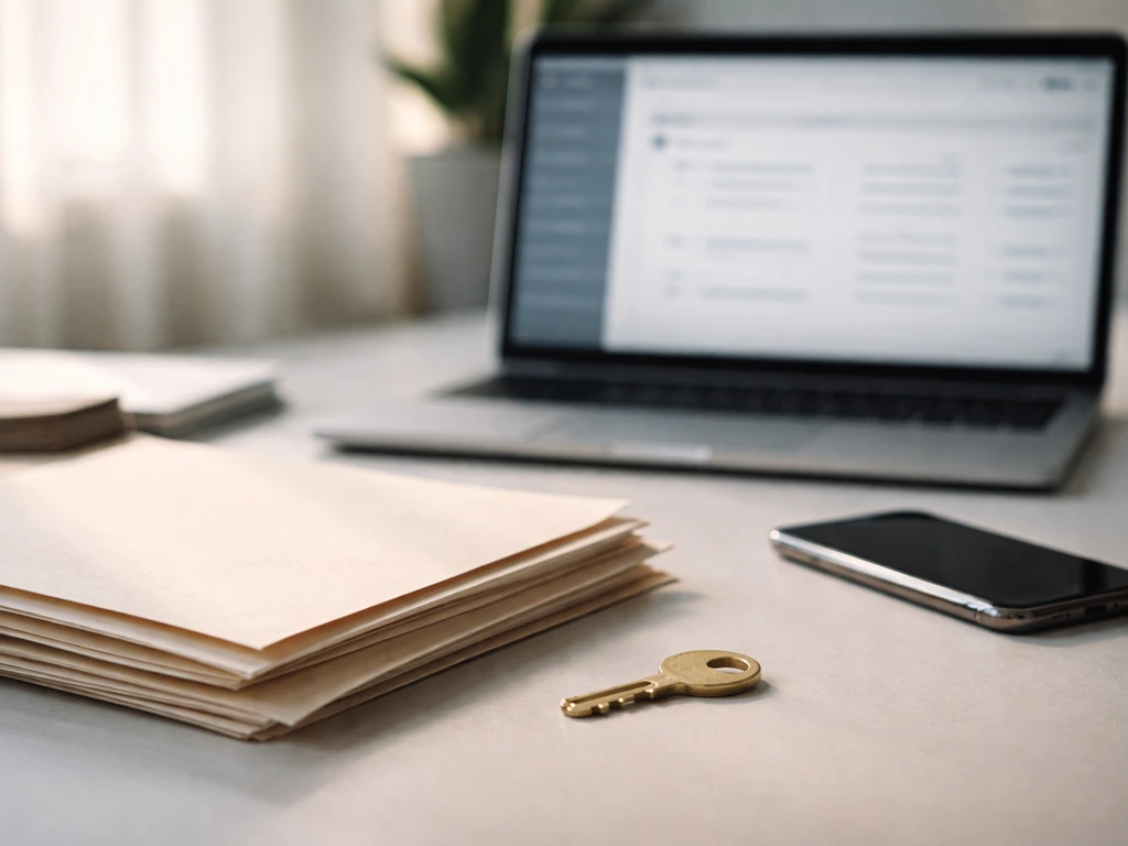 Office desk with blank records and a laptop setup symbolizing identity and record checks for a specific person.