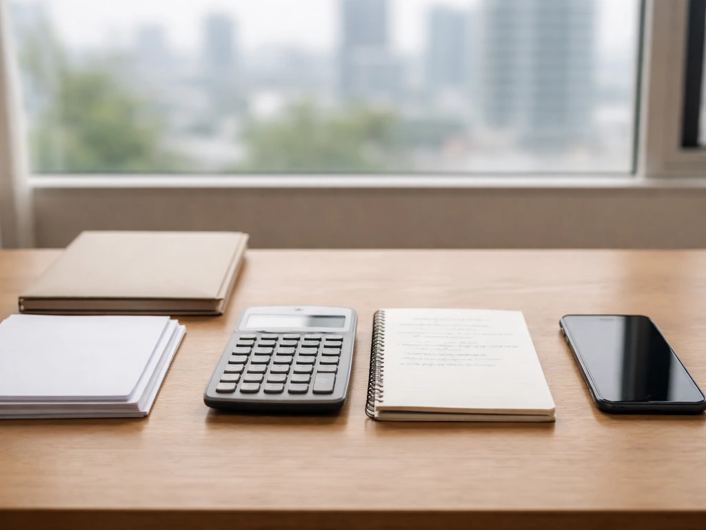 Minimal photo of a finance desk with open notebook, calculator, and a paper stake document, suggesting an estimate calcu