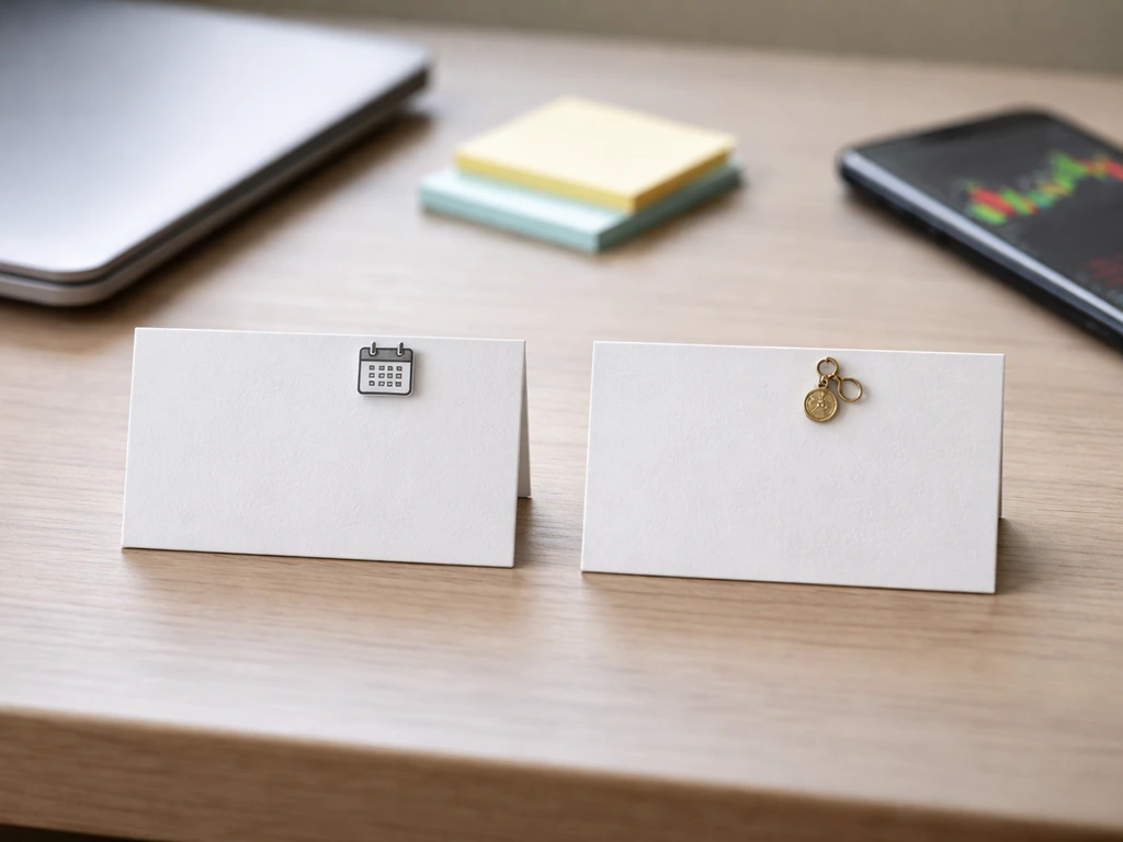 Minimal desk scene with two business cards and blurred finance visuals to suggest differing valuation methods.