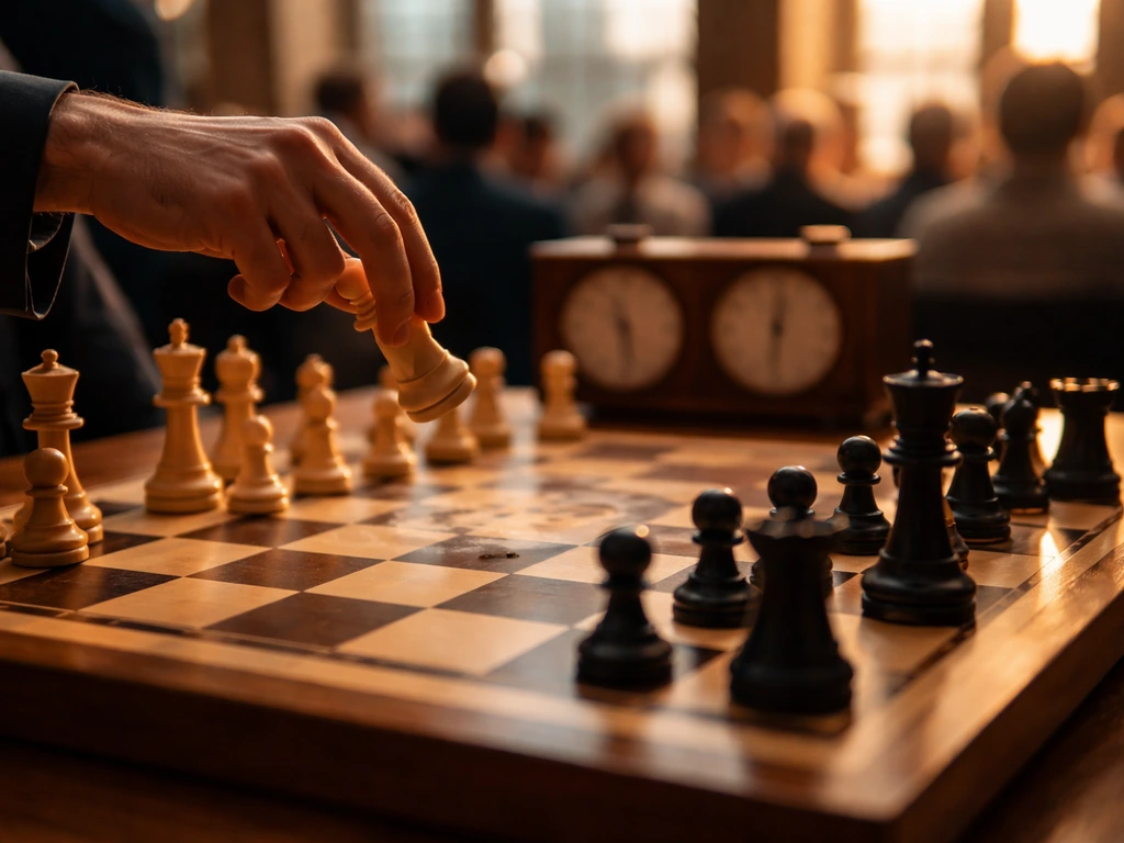 Chessboard on a tournament table with one piece mid-move, evoking competitive grandmaster play.