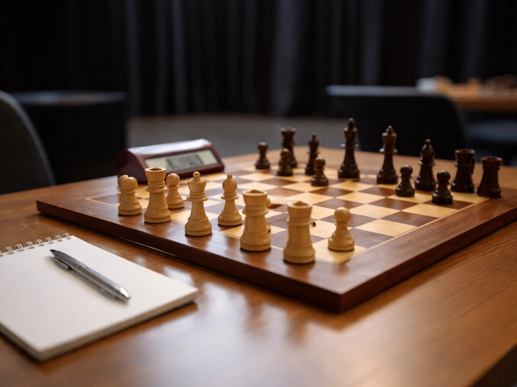 Chess tournament setting with a focused chessboard and pieces on a table, symbolic businesslike atmosphere
