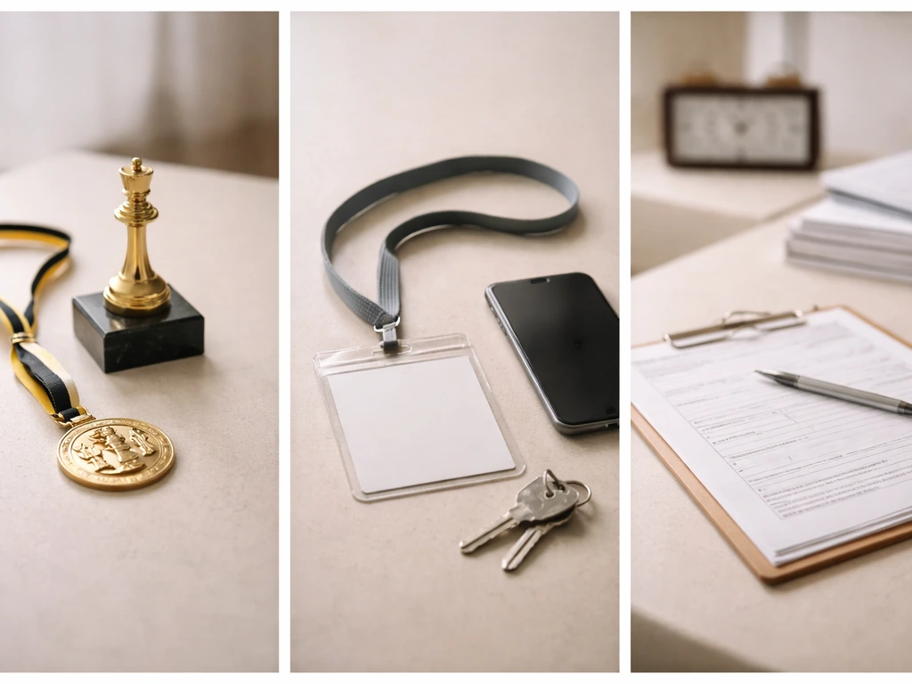 Minimal collage-like scene showing chess tournament prizes, a sponsor-style lanyard, and admin paperwork on a desk