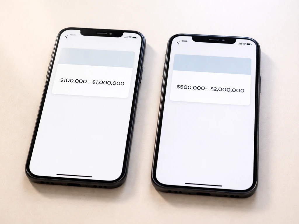 Two smartphone screens showing generic net-worth range cards side by side, implying different figures by source.