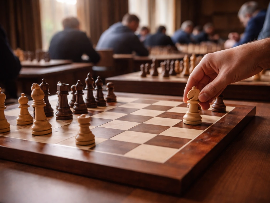 Close-up of a chessboard at a tournament with pieces mid-game, softly blurred background boards.