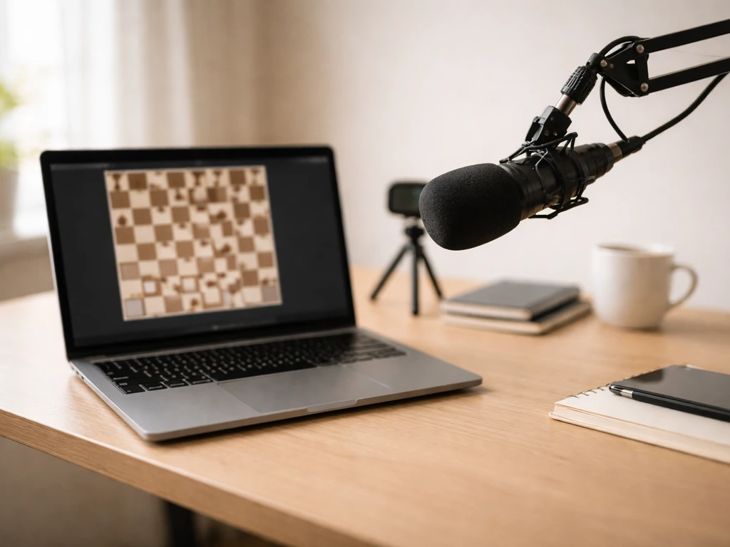 Minimal chess streaming desk setup with laptop, microphone, and camera—no people, no text.