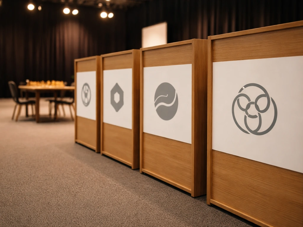 Empty chess venue with generic sponsor boards and a chess table in the background.