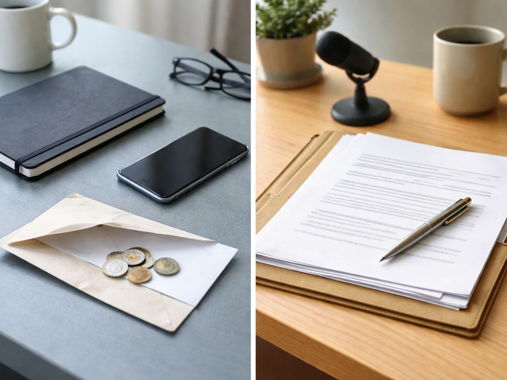 Two simple side-by-side office desk scenes suggesting comparing sources of financial estimates