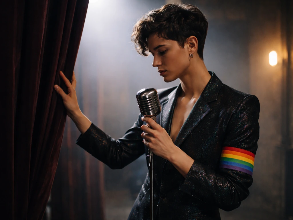 Anonymous stage performer holding a microphone in a quiet backstage with subtle rainbow accessory cues