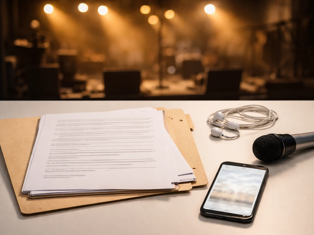 Music industry booking and fee assumptions scene with contract folder, earbuds, and stage lights