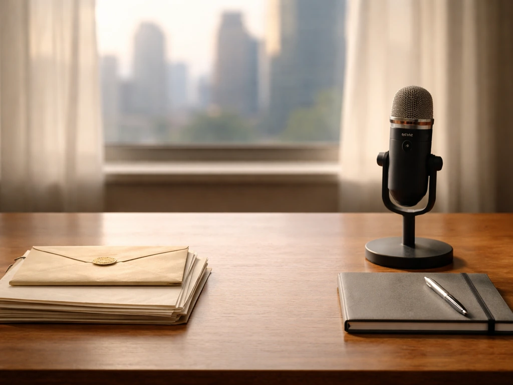 Minimal desk scene with vintage grant envelope and modern microphone, symbolizing changing wealth over time.