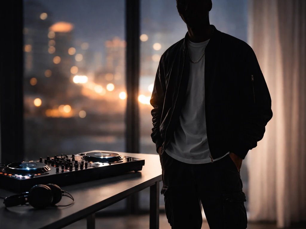 Anonymous fashion model silhouette beside a DJ controller and headphones in a minimal nightlife studio scene.