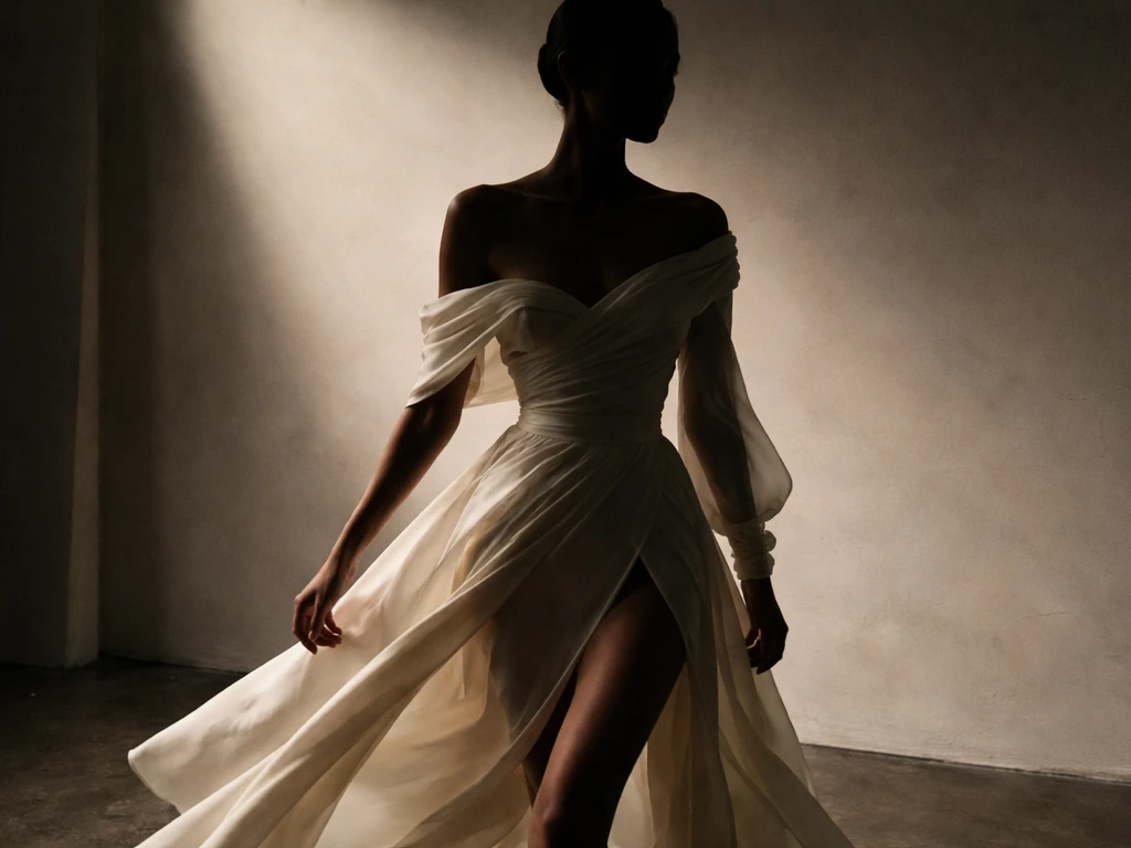 High-fashion editorial studio scene with a model silhouette and dramatic lighting suggesting magazine modeling