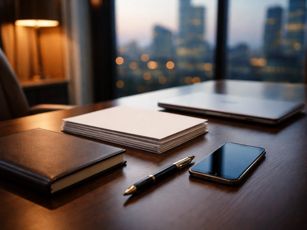 Quiet luxury office scene with financial documents and a smartphone, symbolizing a private investment background.