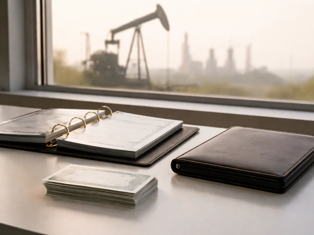 Minimal photo of a desk with a black binder, oil pump silhouette backdrop, and investment folder representing asset owne